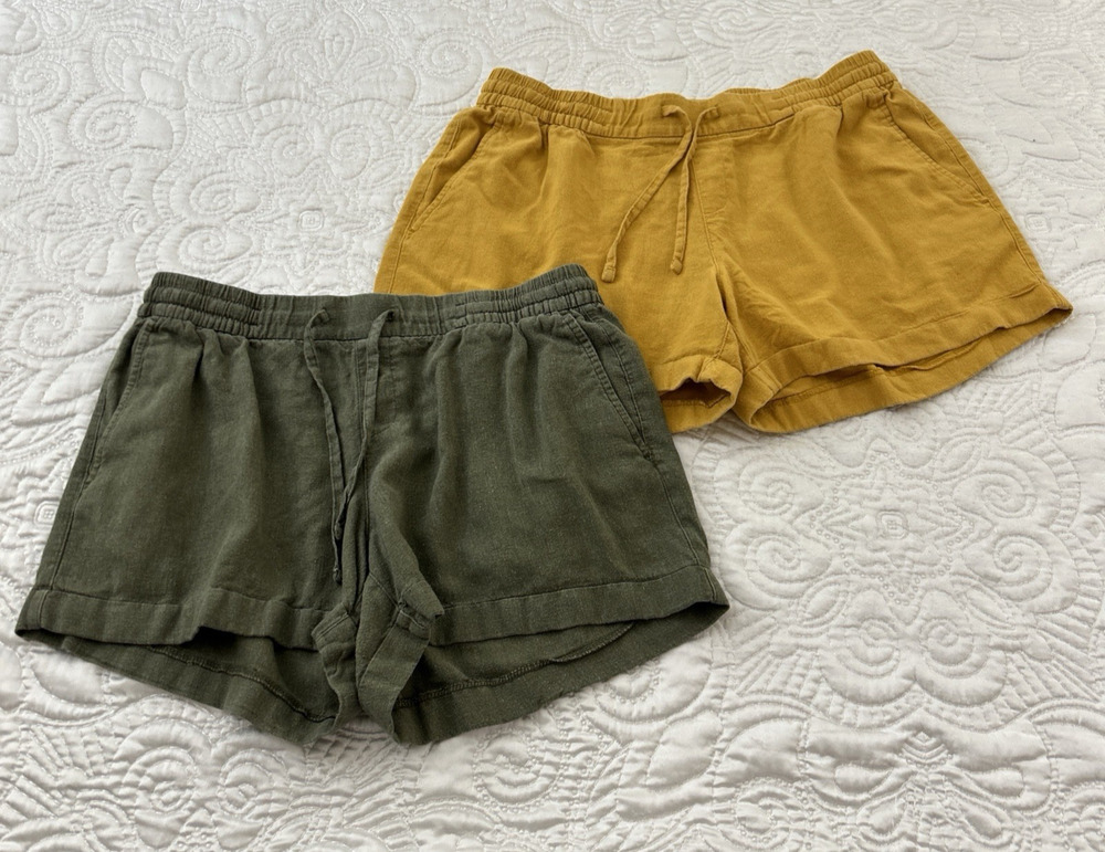 Lot of 2 Old Navy Womens M Green / Yellow Linen Blend Drawstring Utility Shorts